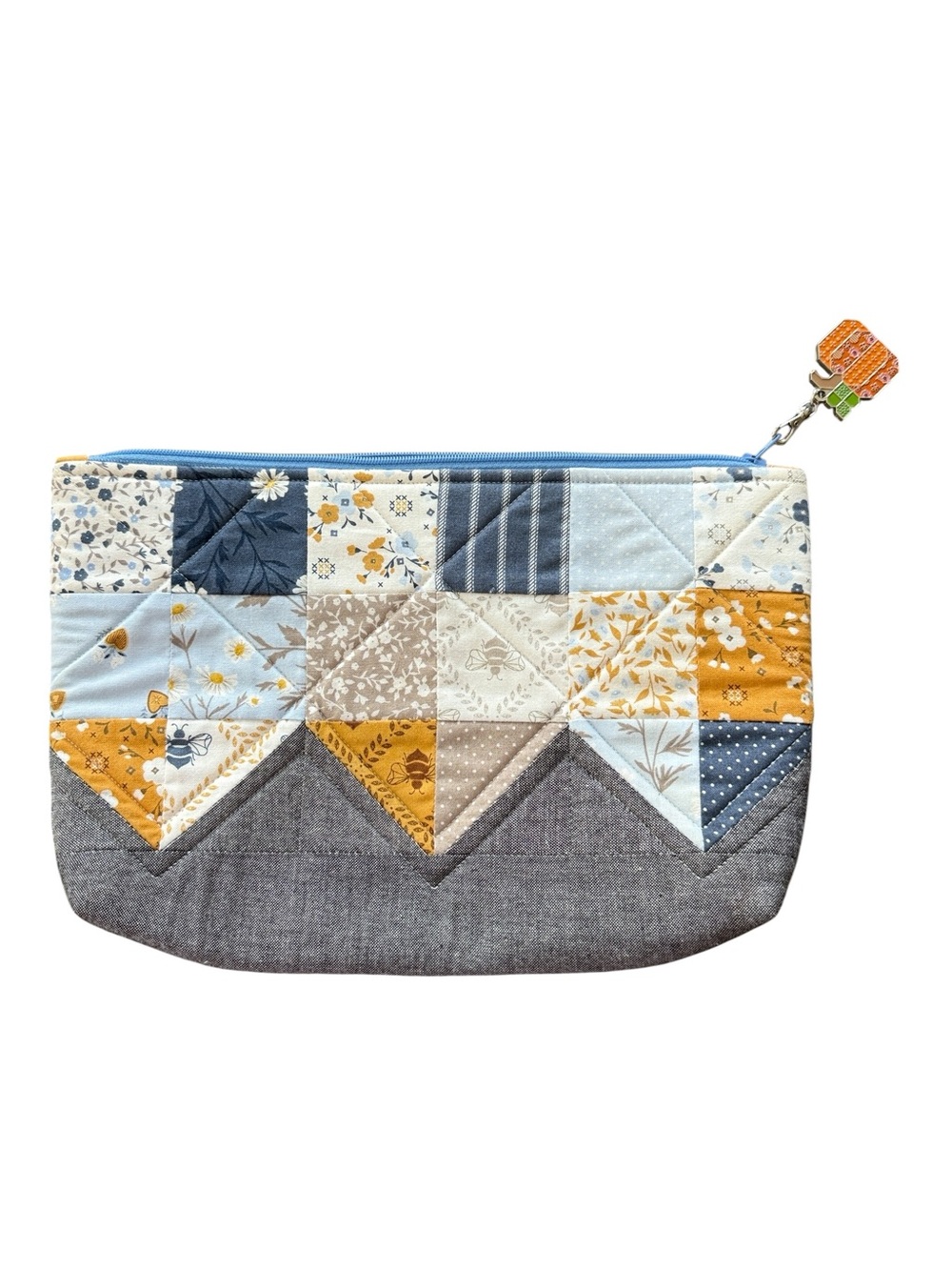 Handmade Quilted Wilma Pouch With Enamel Happy Pumpkin Charm 11”x8”